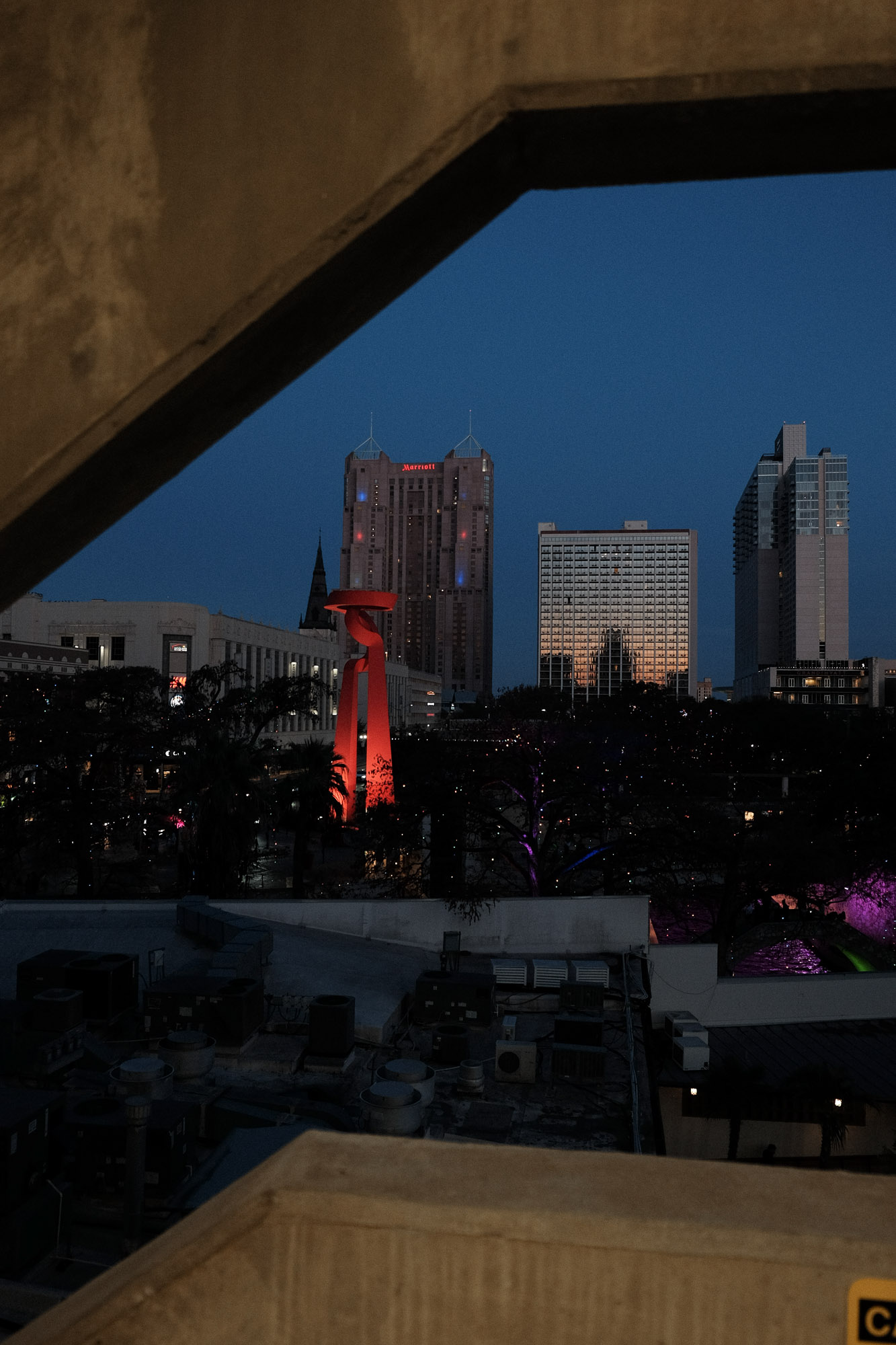 Tower of the Americas illuminated at night during Christmas in Downtown San Antonio photographed with Fuji X-E2 and XF 18-55mm