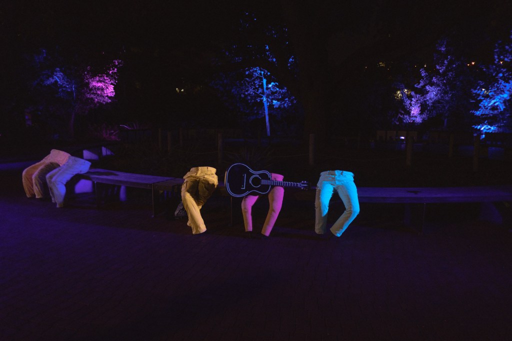 Large scale light sculpture along Waller Creek at night captured handheld on Fuji X-T30.