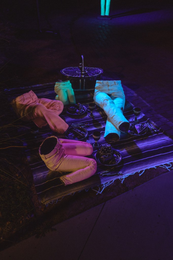 Illuminated texture and color transitions in outdoor art installation photographed at night with Fuji 18mm f2.