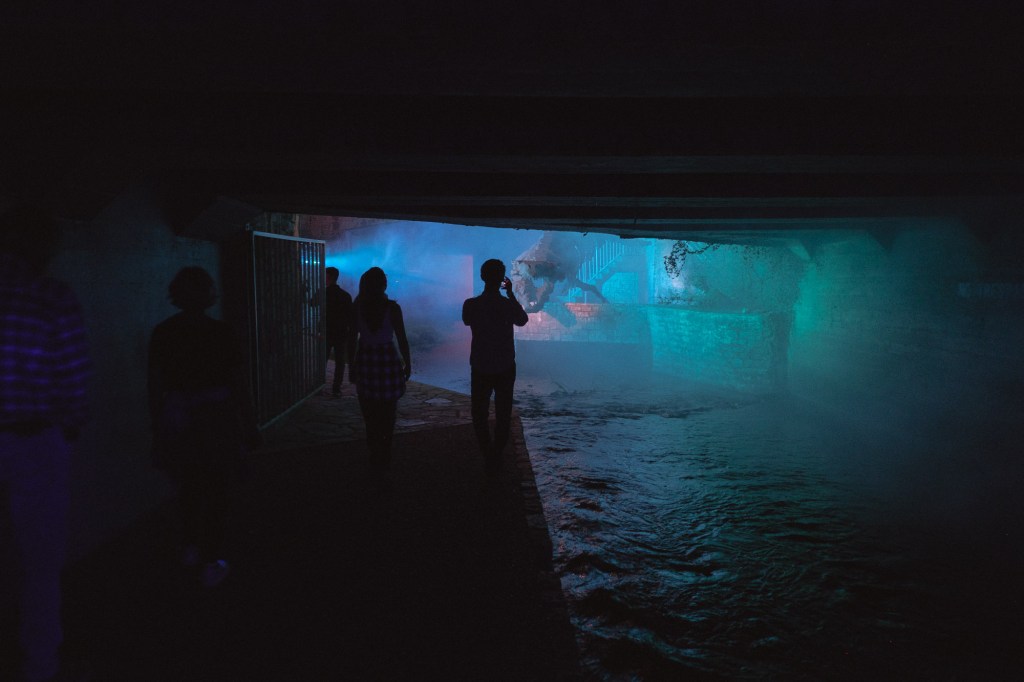 Wide view of Waller Creek Light Show installations at night captured handheld with Fuji X-T30 and Fuji XF 18mm f2.