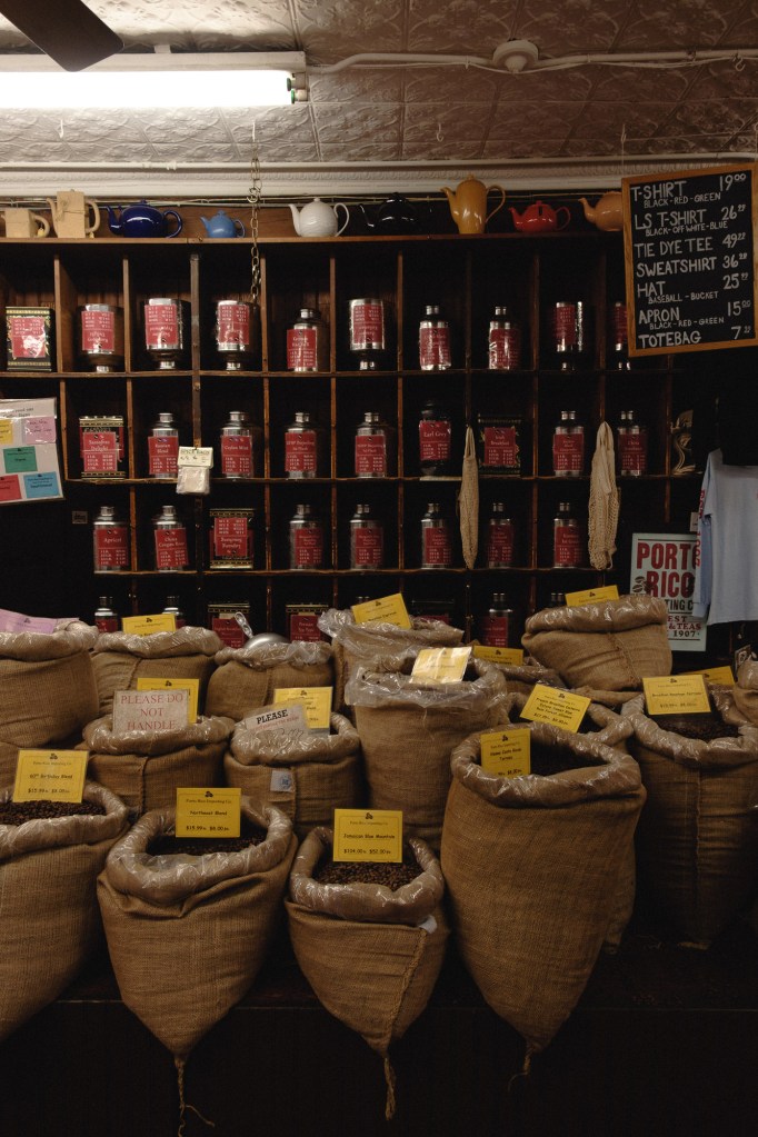 Coffee bags and textures inside Porto Rico Importing Co photographed using Fuji X-E2 sample image setup.