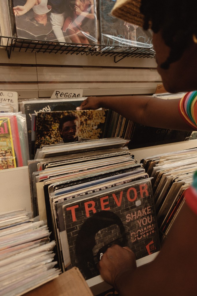 Vinyl records and fluorescent lighting inside Village Revival Records captured with Fuji X-E2 sample image setup.