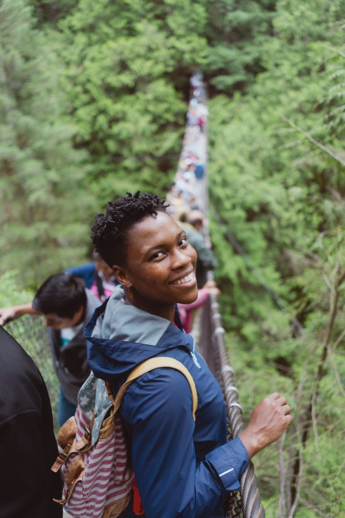 Environmental portrait on the Twin Falls Bridge showing subject and surroundings using Sony 28mm f2 lens.